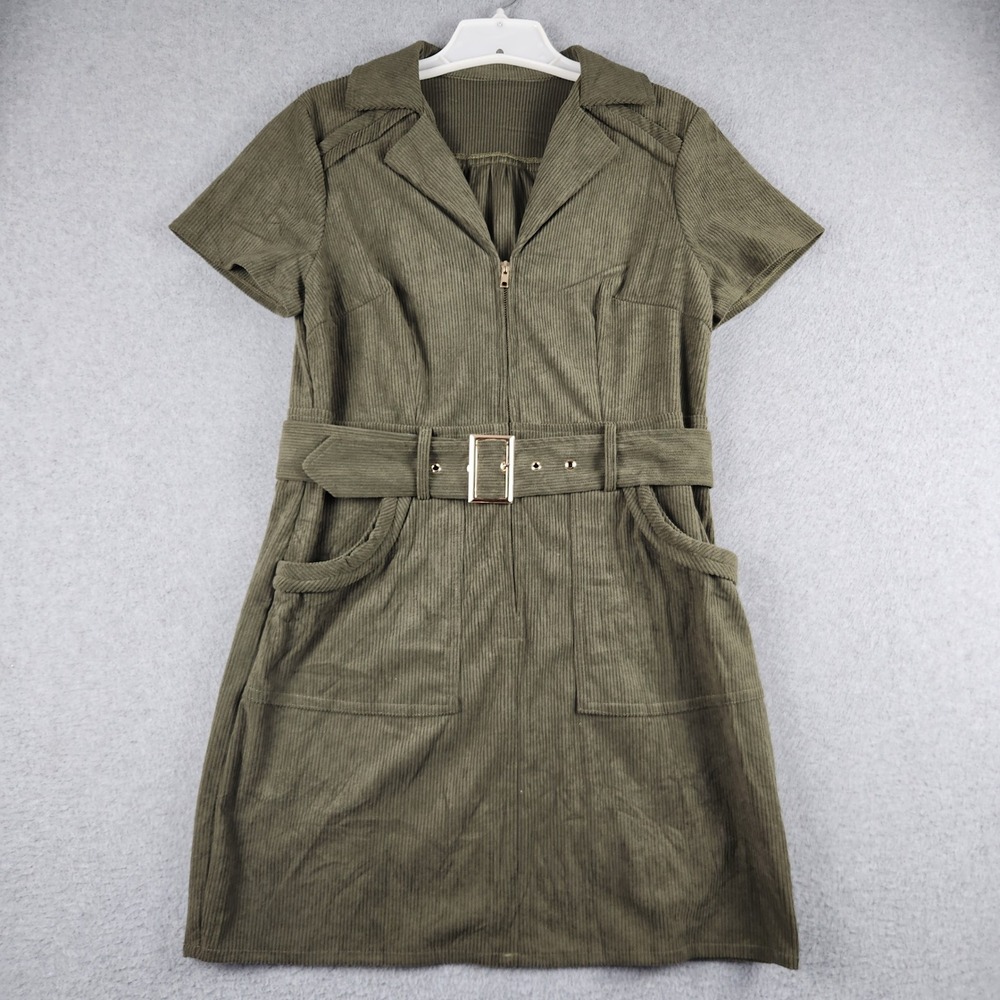 Shein Midi Dress Women Medium Army Green Corduroy Utility Belted Waist Zip Front